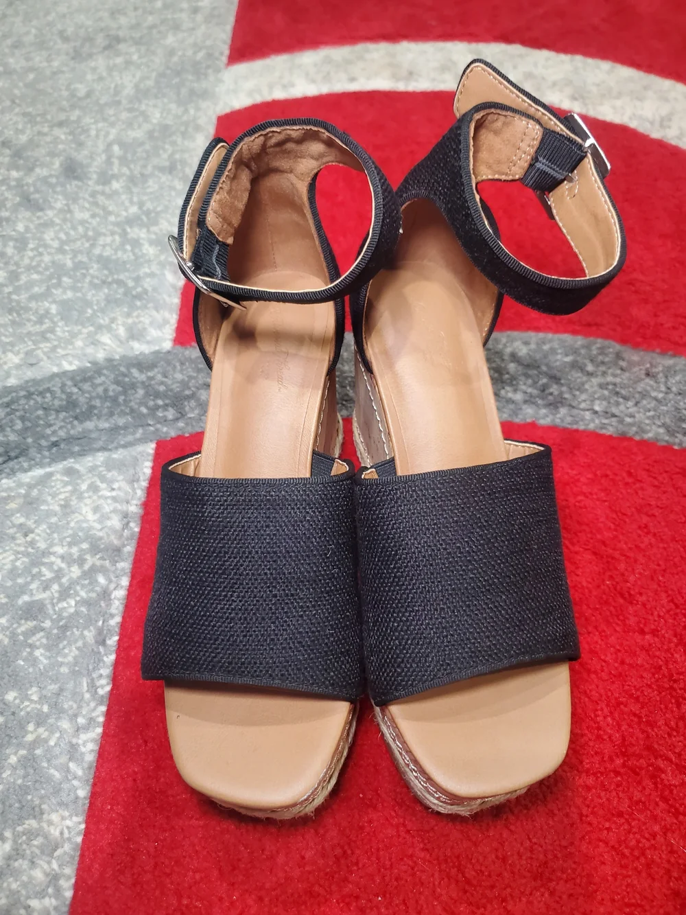Universal Thread Black Fabric Wedge Sandals with Cork Platform